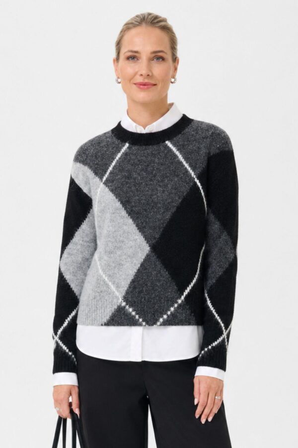Grith Stickad Tröja – Grey Melange/ Black Check