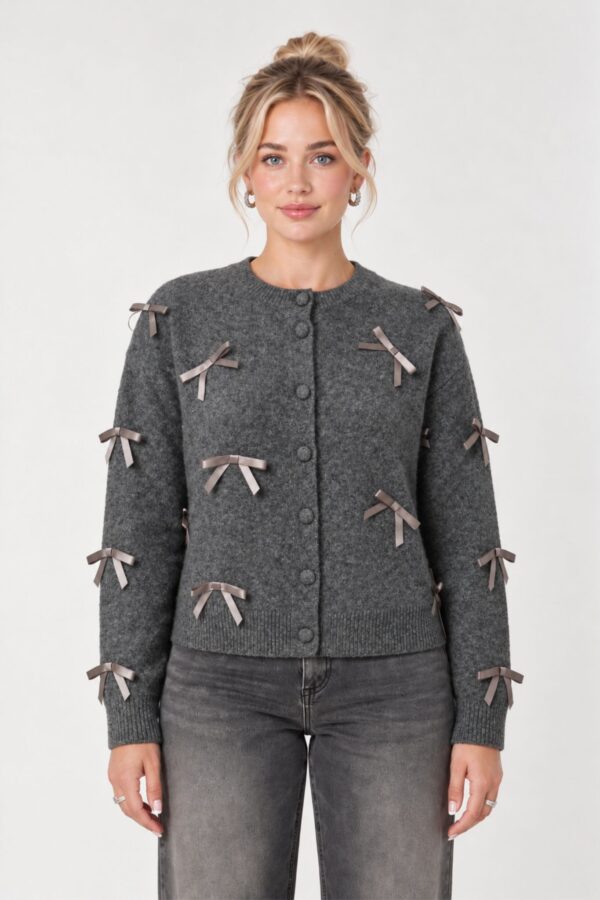 Frilo Bow Cardigan – Dark Grey Melange