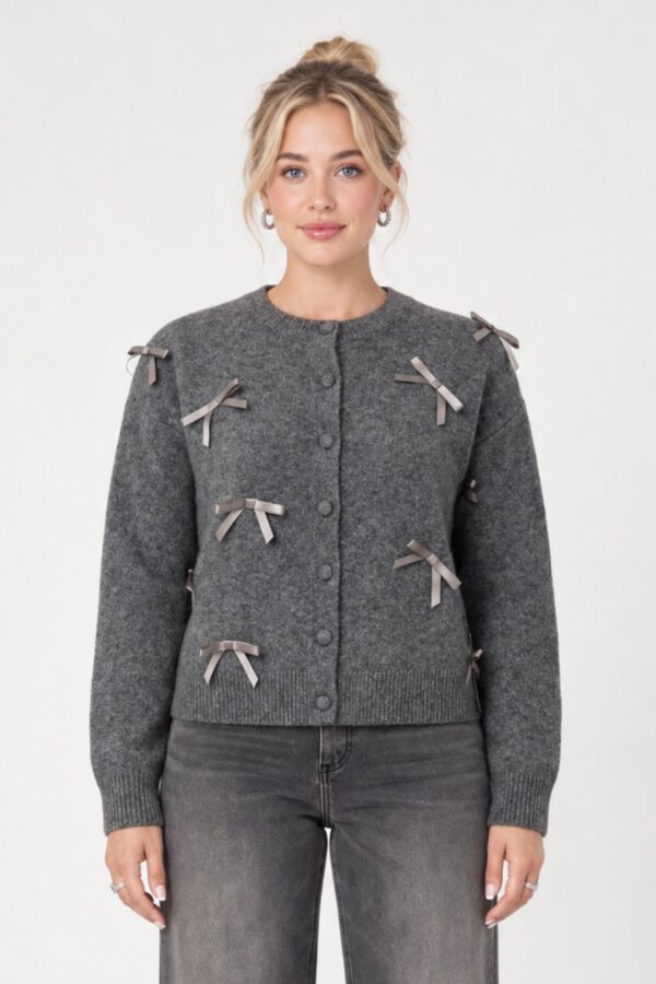 Frilo Bow Cardigan – Dark Grey Melange