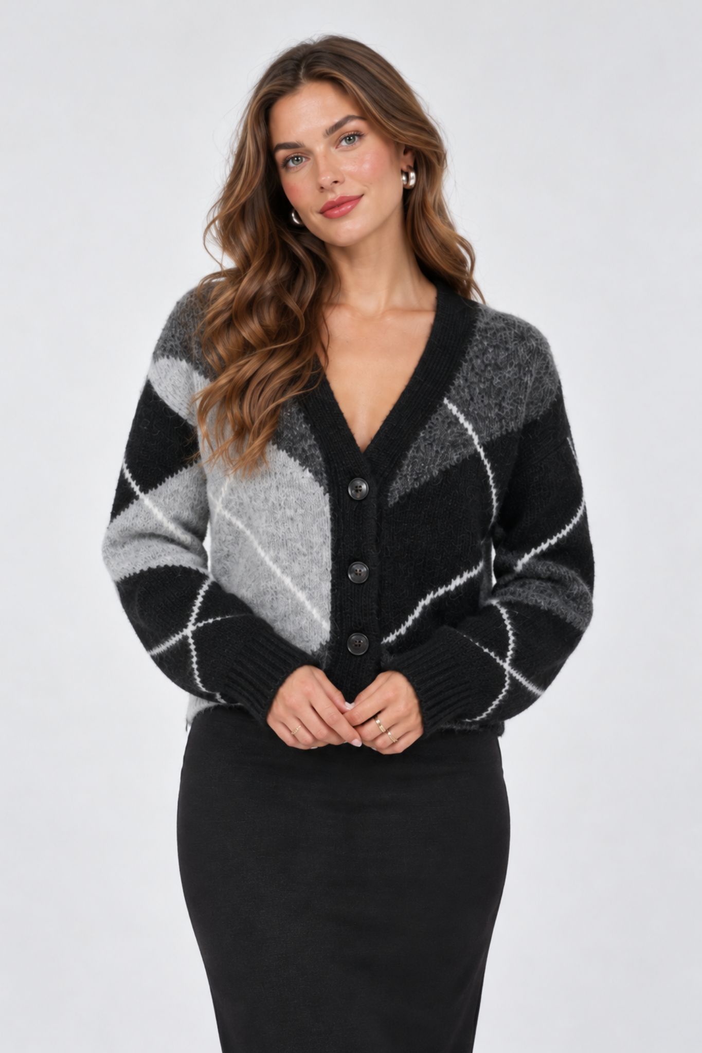 Grith Cardigan - Grey Melange/ Black Check
