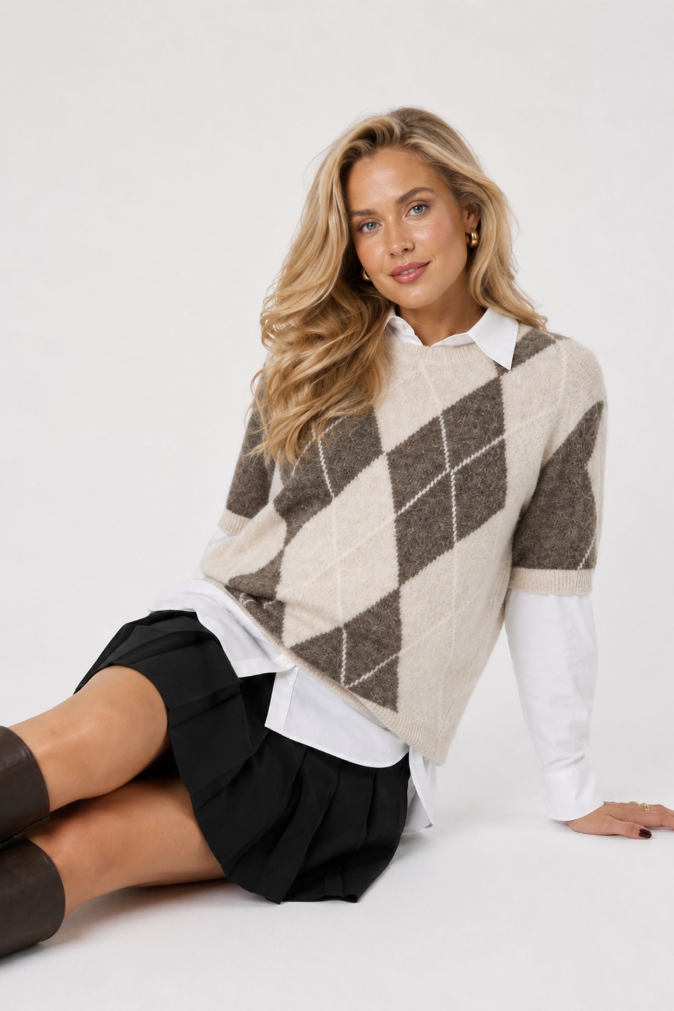 Johi SS Stickad Ull Topp - Oatmeal Taupe Gray/ Pristine Harlequin - Bild 3