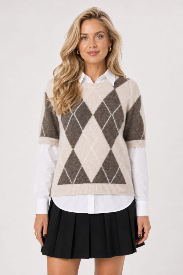 Johi SS Stickad Ull Topp – Oatmeal Taupe Gray/ Pristine Harlequin