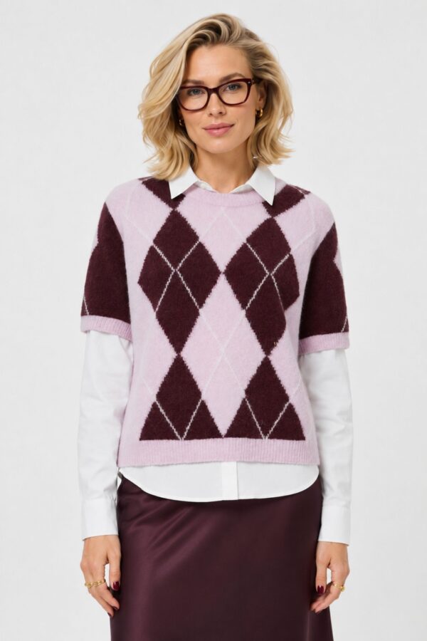Johi SS Stickad Ull Topp – Pale Lilac Fig/ Pristine Harlequin